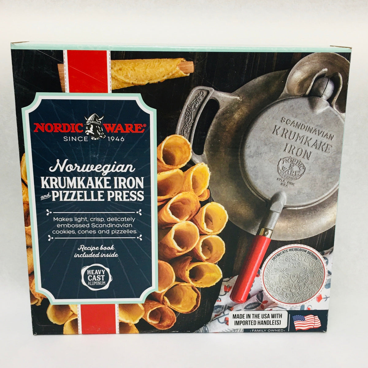 Nordic Ware Krumkake Iron With Base Rolling Cone Box w/Recipes Pizzelles