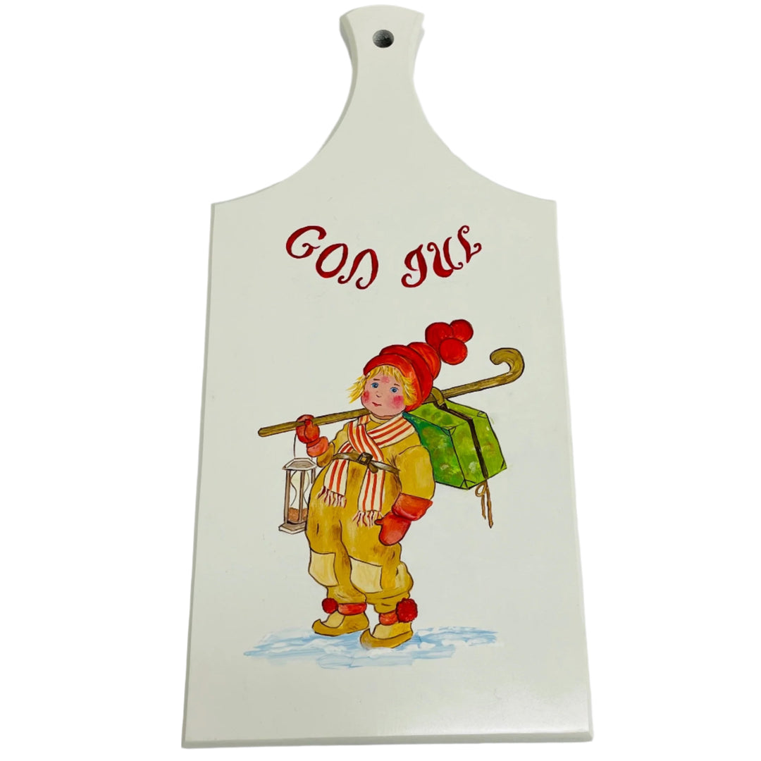 Wooden Cutting Board - God Jul boy with suitcase, cane & lantern