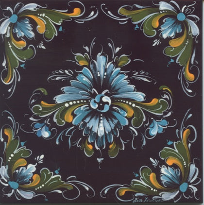 6" Ceramic Tile, Lise Lorentzen Black Rosemaling