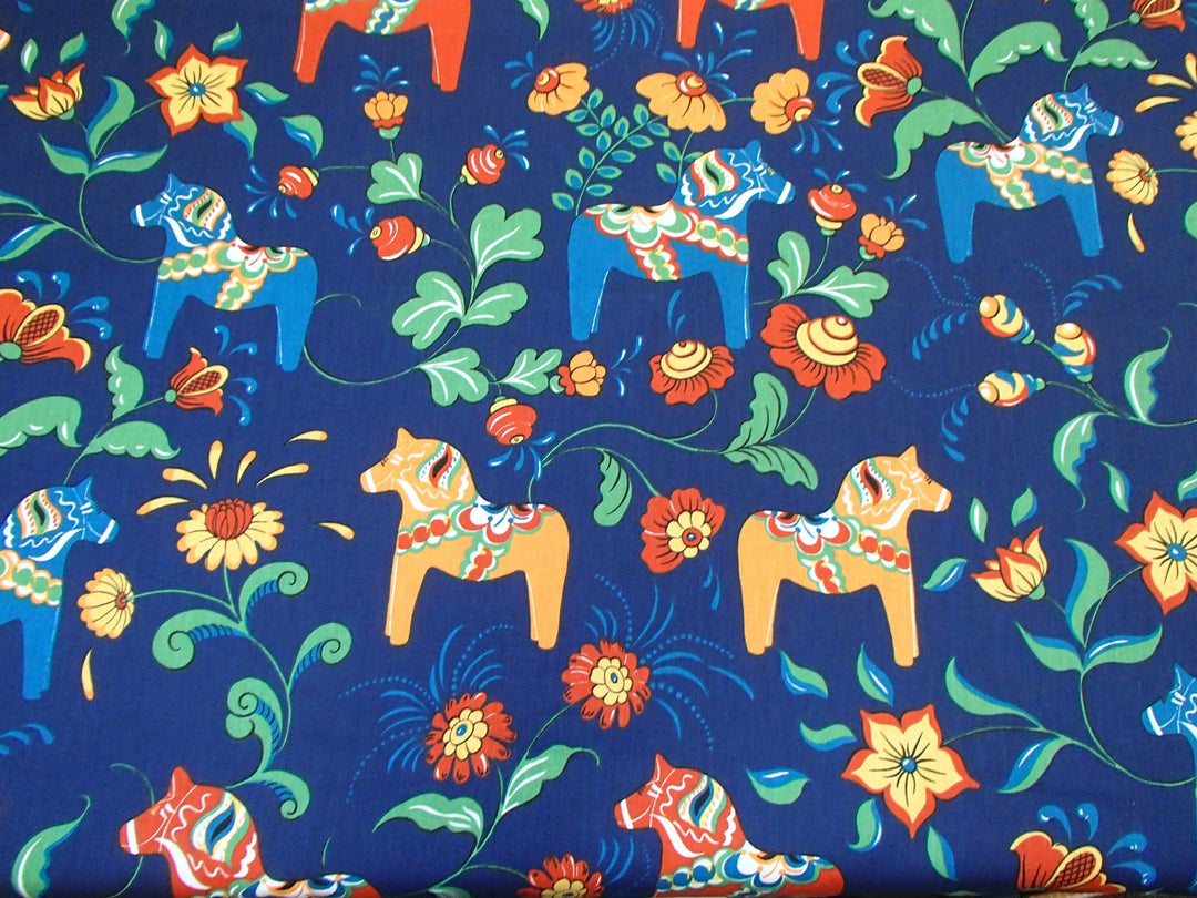 Swedish fabric - Navy w/ multi color Dala horses & kurbits