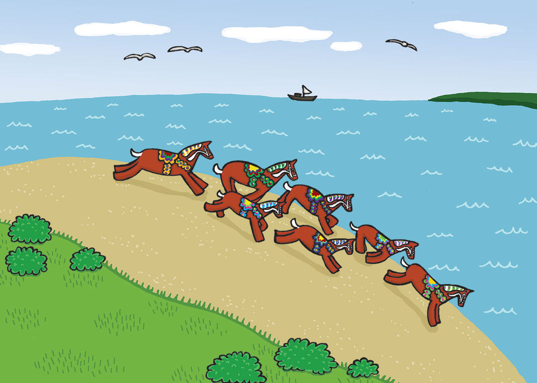 Rectangle Magnet, Karin Didring Dala horses at the Beach