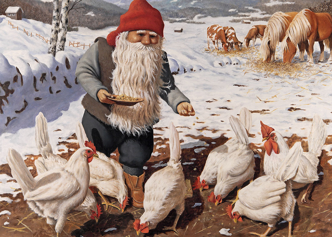 Rectangle Magnet, Jan Bergerlind Tomte feeding chickens