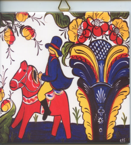 6" Ceramic Tile, Susan Swanson Swartz Swedish Dala horse & Kurbits