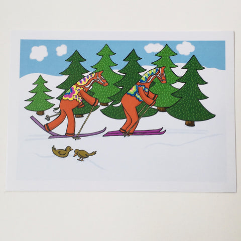 Post card, Karin Didring Dala horse Cross country skiers