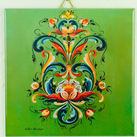 6" Ceramic Tile, Lise Lorentzen Green Rosemaling