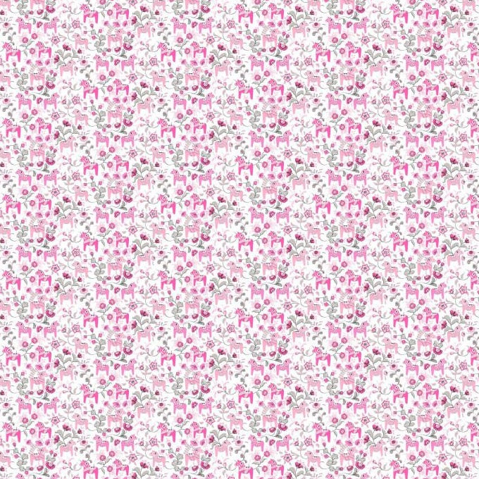 Swedish fabric - White w/ Pink Mini Dala horses & kurbits
