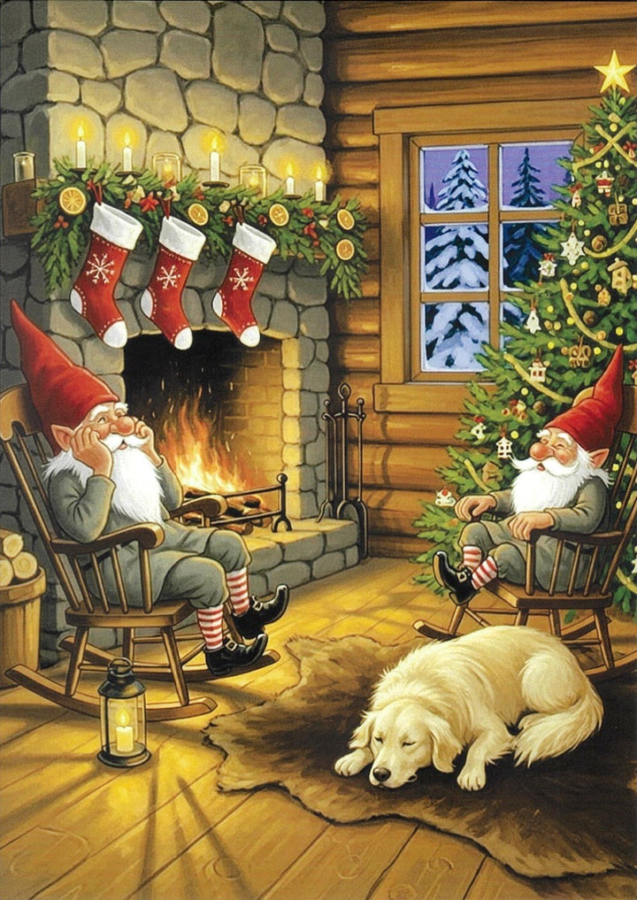 Boxed cards, Gnomes with Golden Retreiver by the fire at Christmas