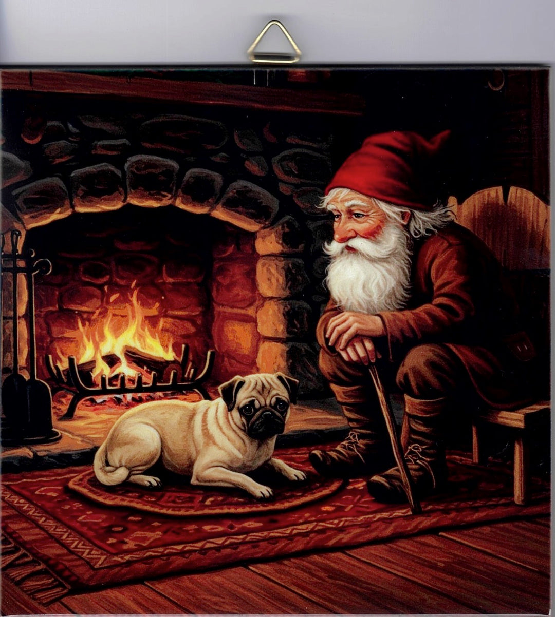 6" Ceramic Tile, Gnome with Pug by the fire