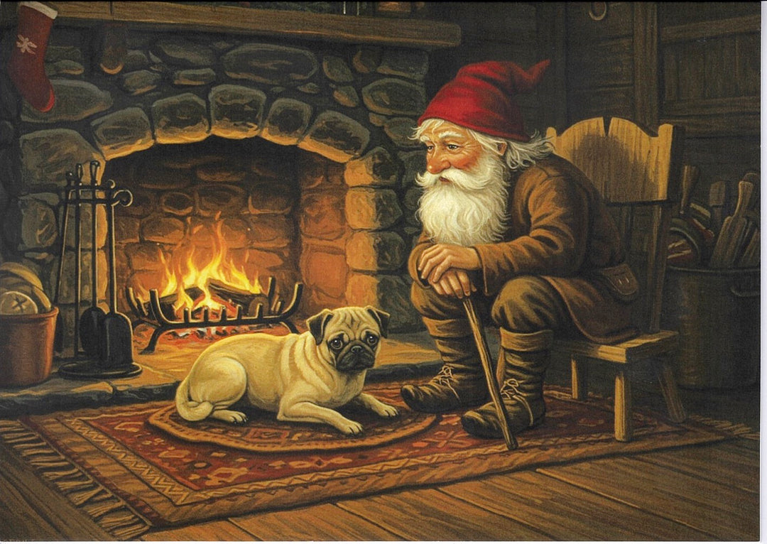 Boxed cards,  Gnome with Pug by the fire