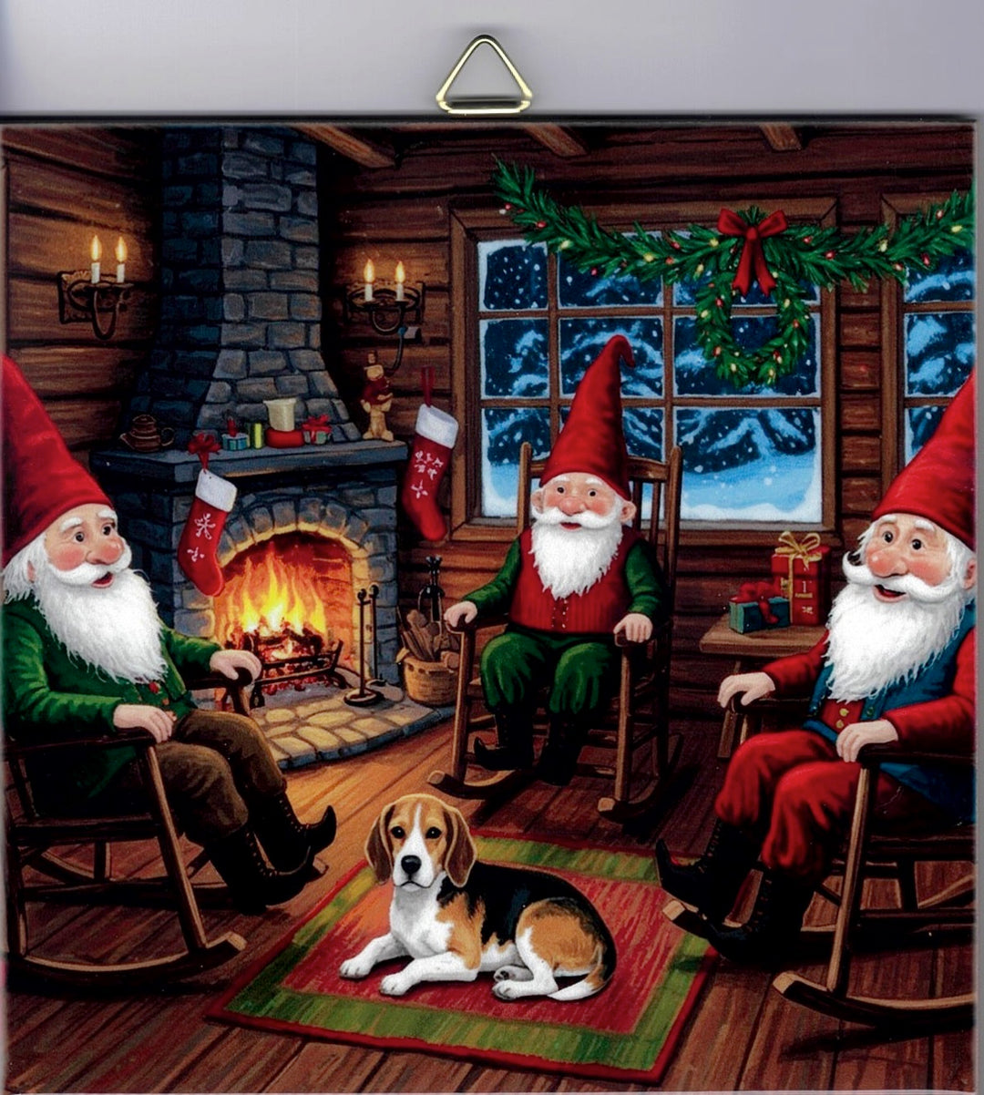 6" Ceramic Tile, Gnomes in rocking chairs by the fire