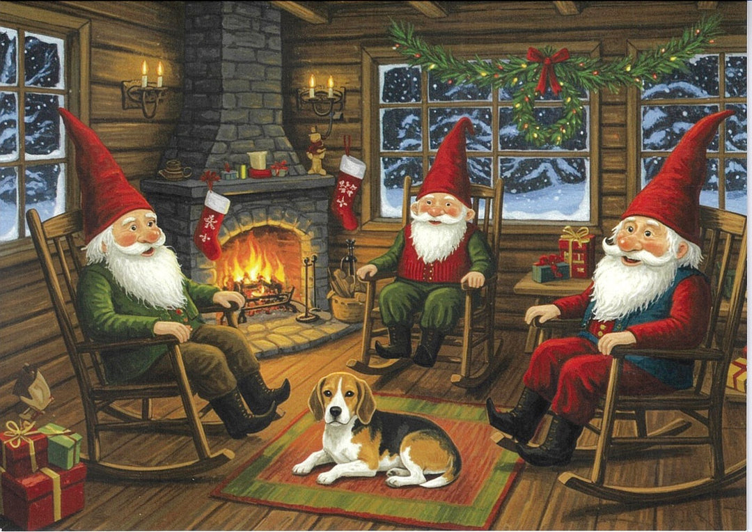 Christmas Cards Gnomes in rocking chairs by the fire Pkg of 6