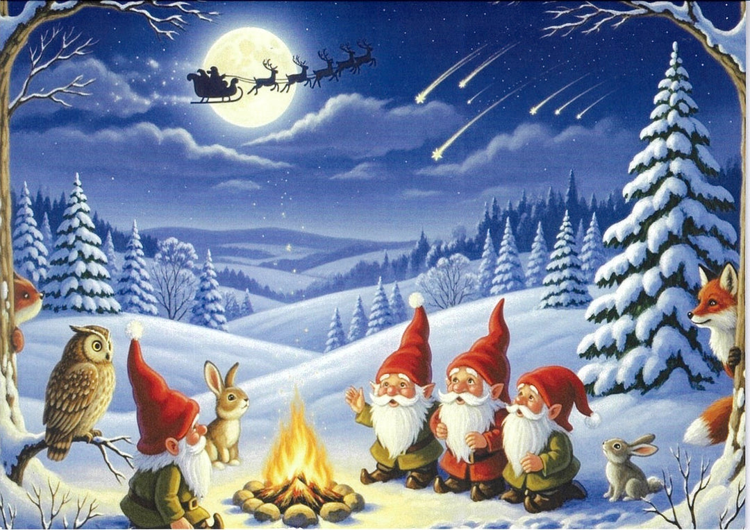 Boxed cards, Gnomes by the fire in the snow