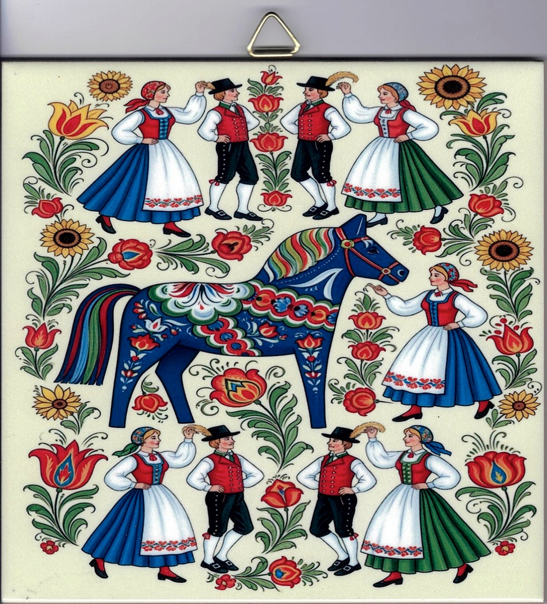6" Ceramic tile, Dala Horse and Dancers with Kurbits Flowers
