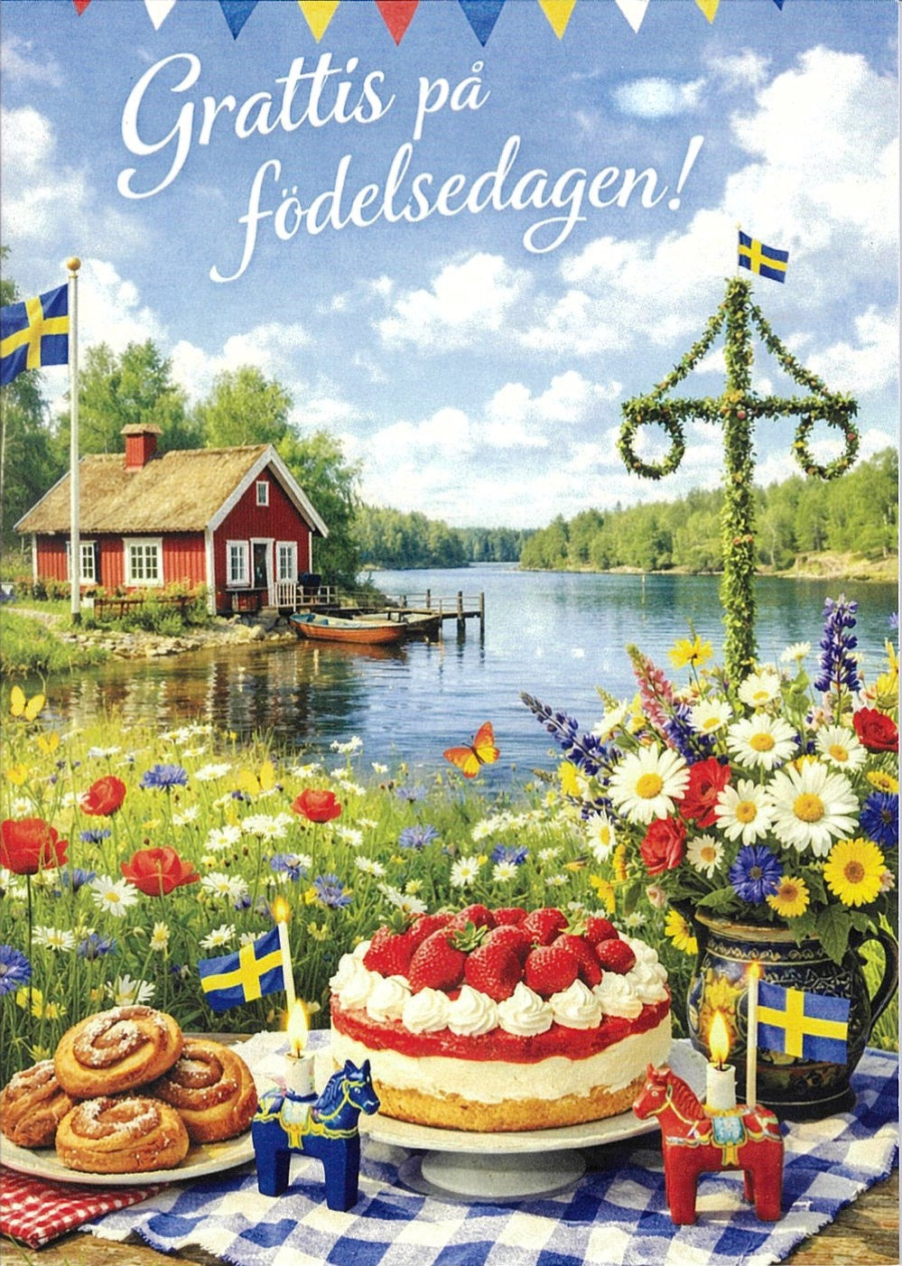 Swedish Happy Birthday Card - House at the Lake