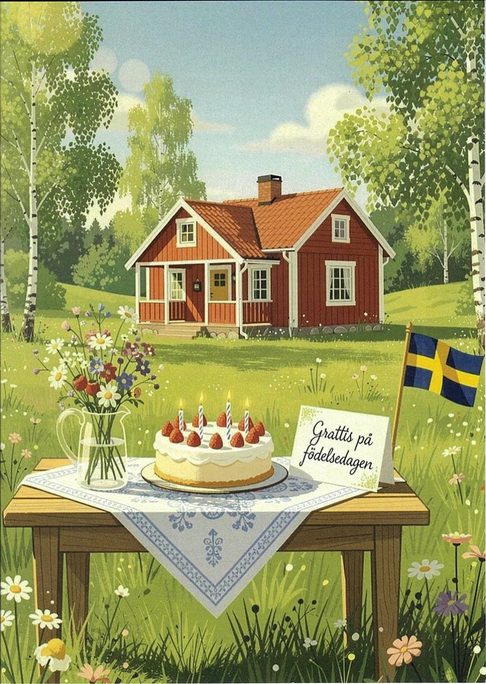Swedish Happy Birthday Card - House with Birch Trees