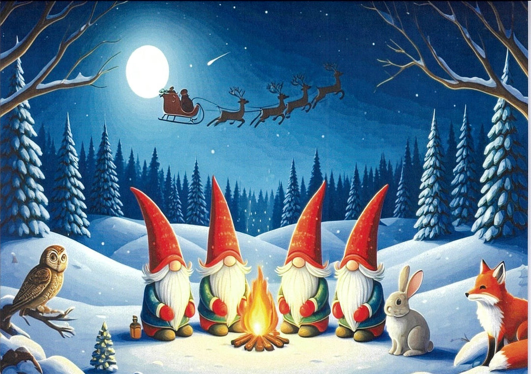 Christmas Cards Gnomes & Animals by the Fire Pkg of 6