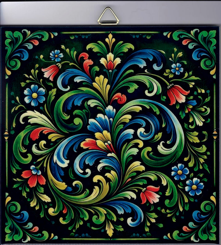 6" Ceramic Tile, Rosemaling on Black