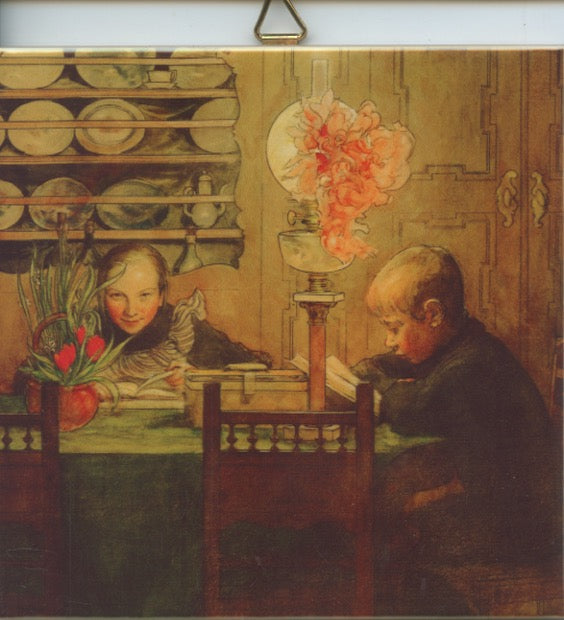 6" Ceramic tile, Carl Larsson Children reading at table