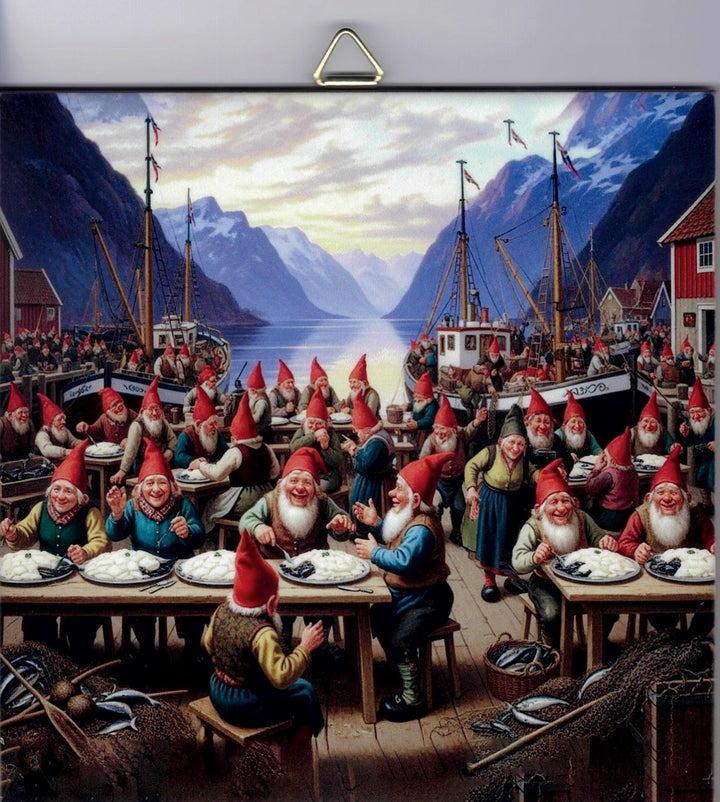 6" Ceramic Tile, Gnomes dining by the Fjord