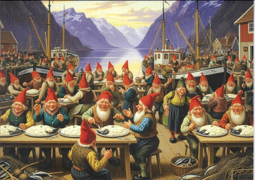 Christmas Cards Gnomes dining by the Fjord Pkg of 6