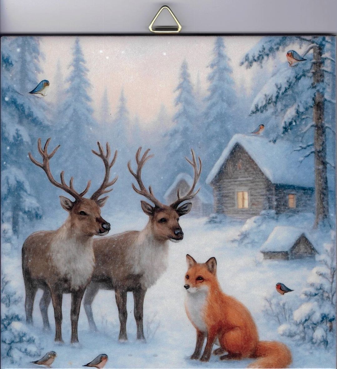 6" Ceramic Tile, Deer, fox and birds in the snow