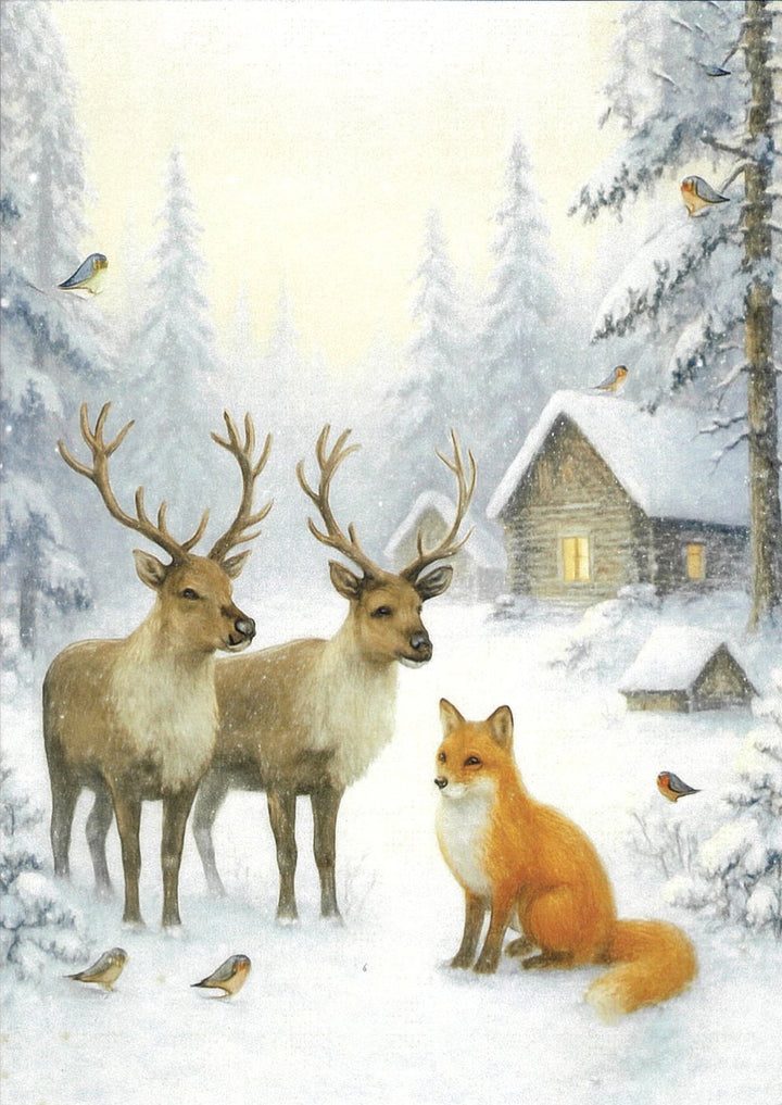 Boxed cards, Deer, fox and birds in the snow