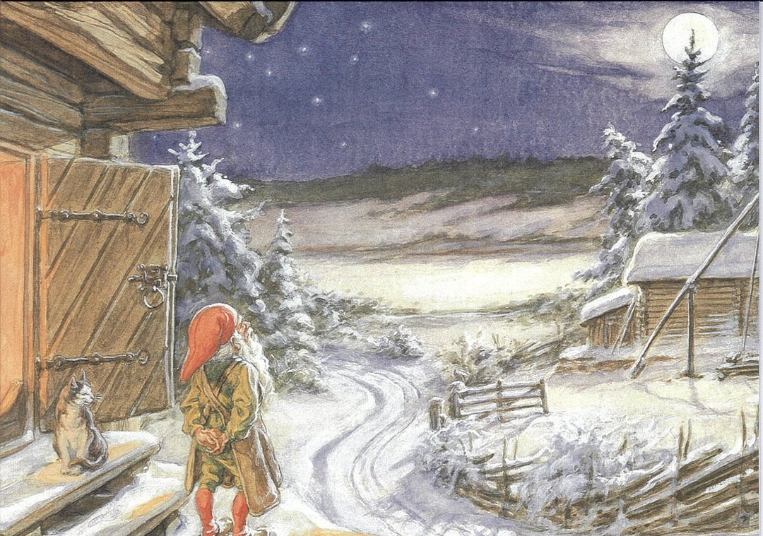 Finnish Christmas Cards Gnome with Cat in the Snow Pkg of 6