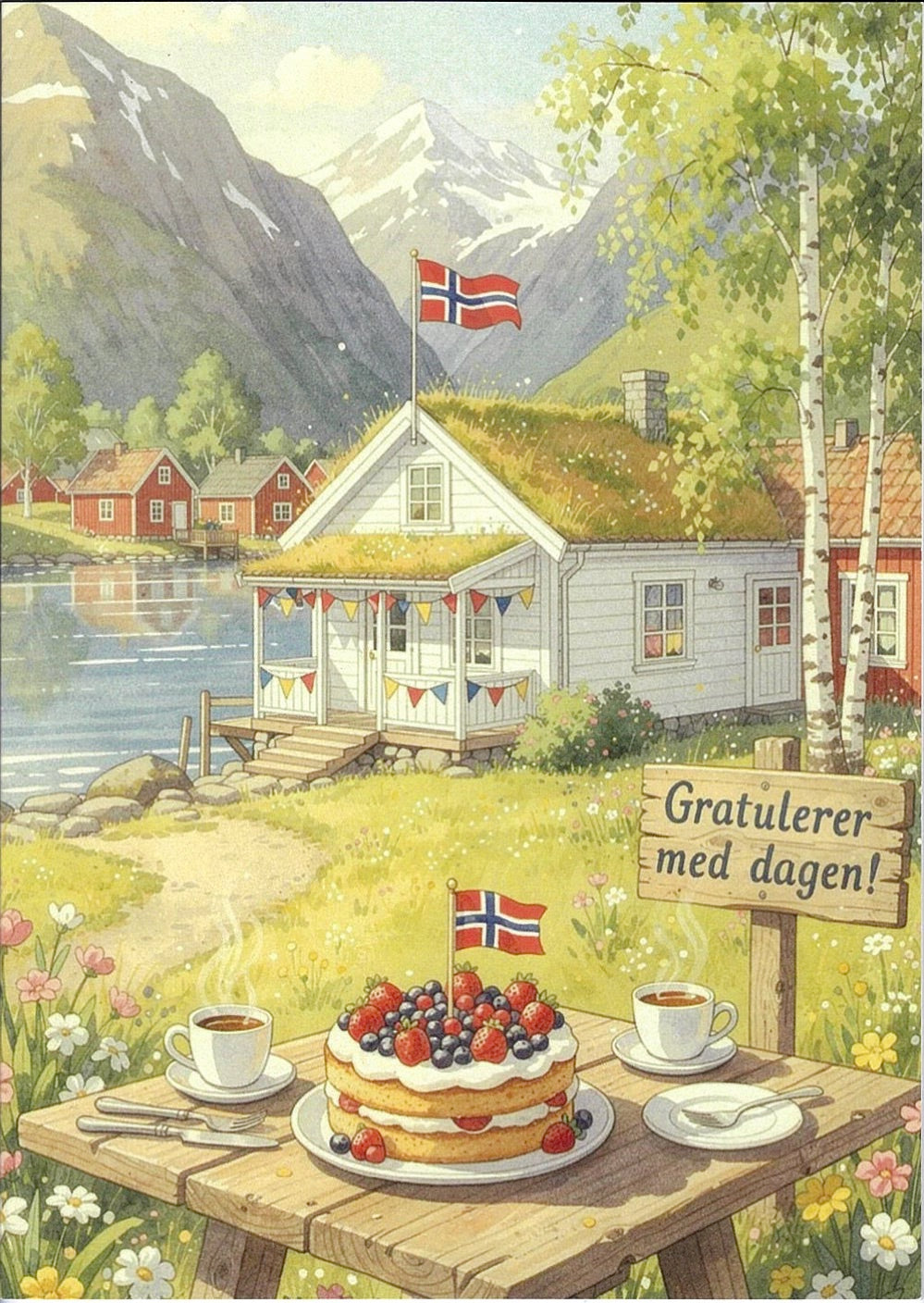 Norwegian Happy Birthday Card - House at the Lake