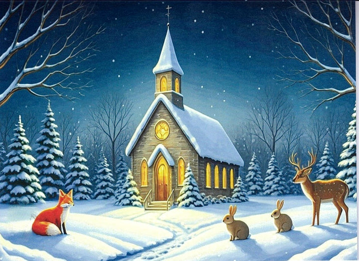 Finnish Christmas Cards Snowy Church with Animals Pkg of 6