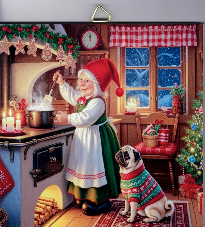 6" Ceramic Tile, Gnome lady cooking with Pug watching