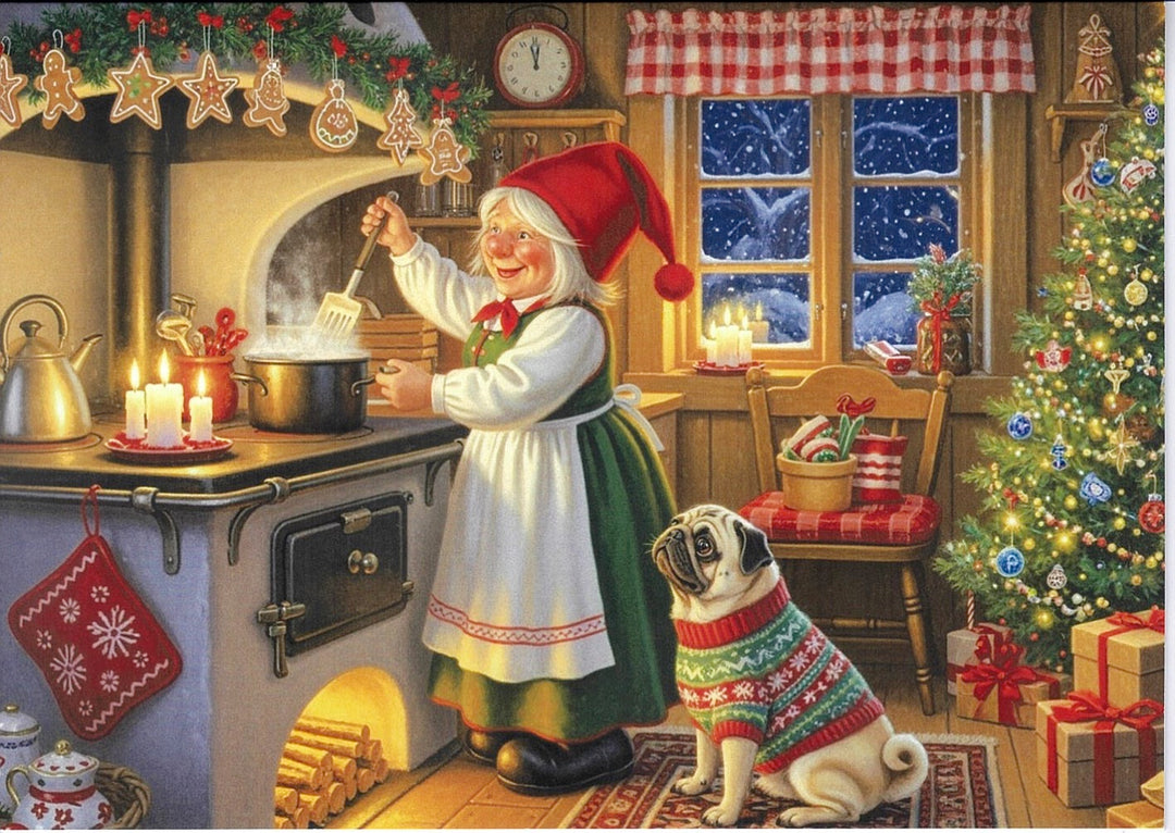 Christmas Cards Gnome lady cooking with Pug watching Pkg of 6