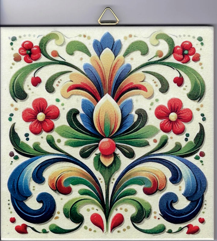 6" Ceramic Tile,  Rosemaling floral on Cream