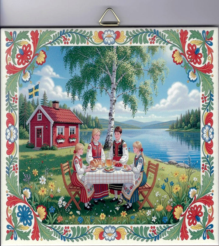6" Ceramic Tile, Swedish family at the lake