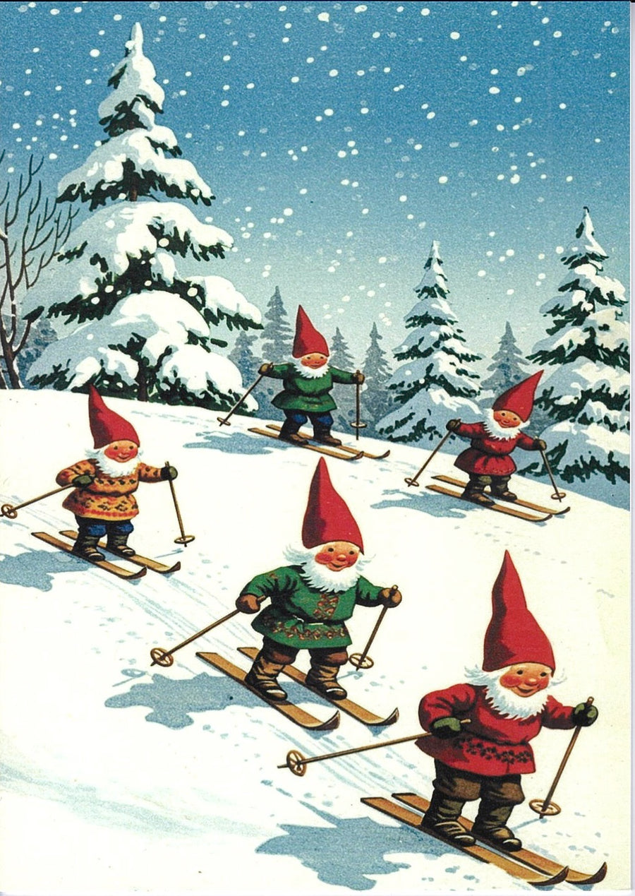 A set of Christmas cards featuring colorful illustrations of gnomes skiing in a snowy landscape.