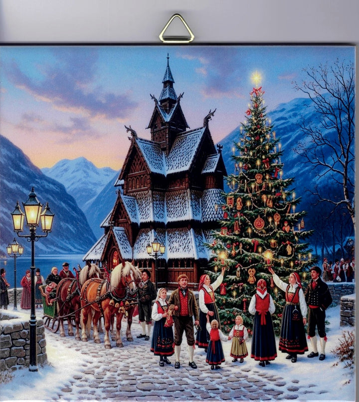 6" Ceramic Tile, Norwegian family at Stave Church with Christmas tree