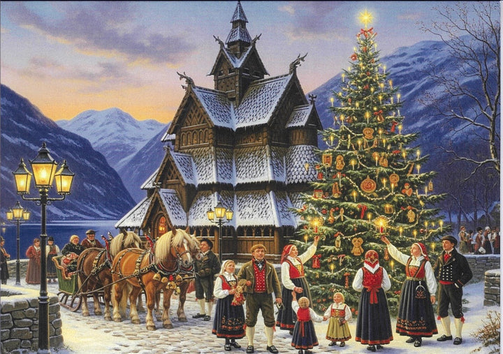 Boxed cards, Norwegian family at Stave Church with Christmas tree