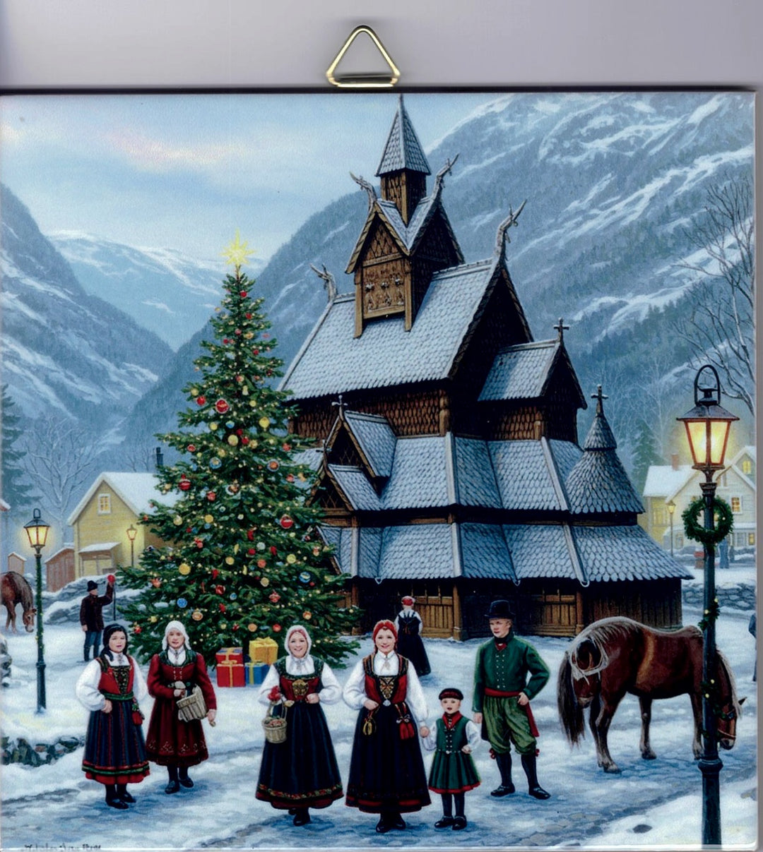 6" Ceramic Tile, Norwegian family at Stave church