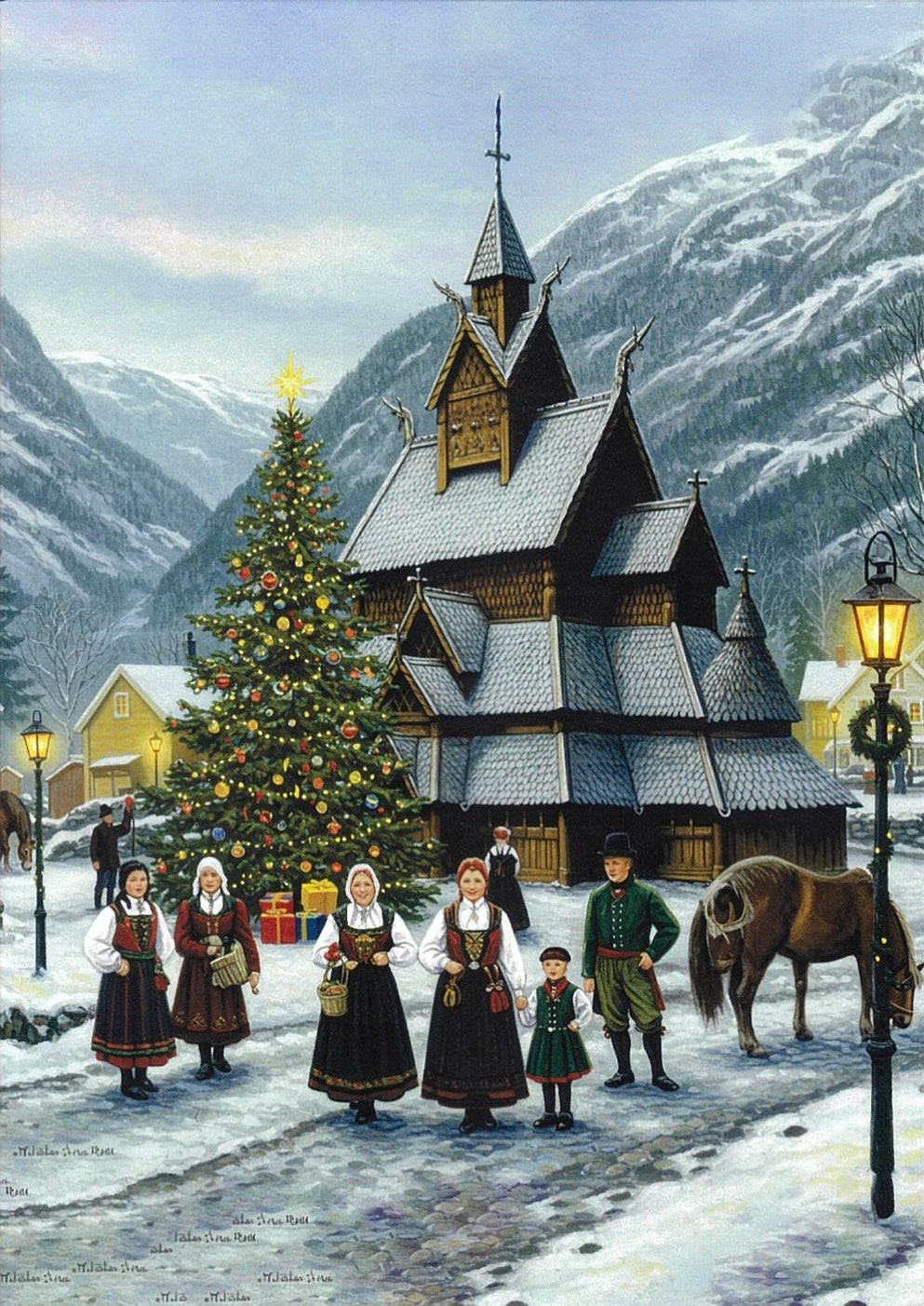 Boxed cards, Norwegian family at Stave church