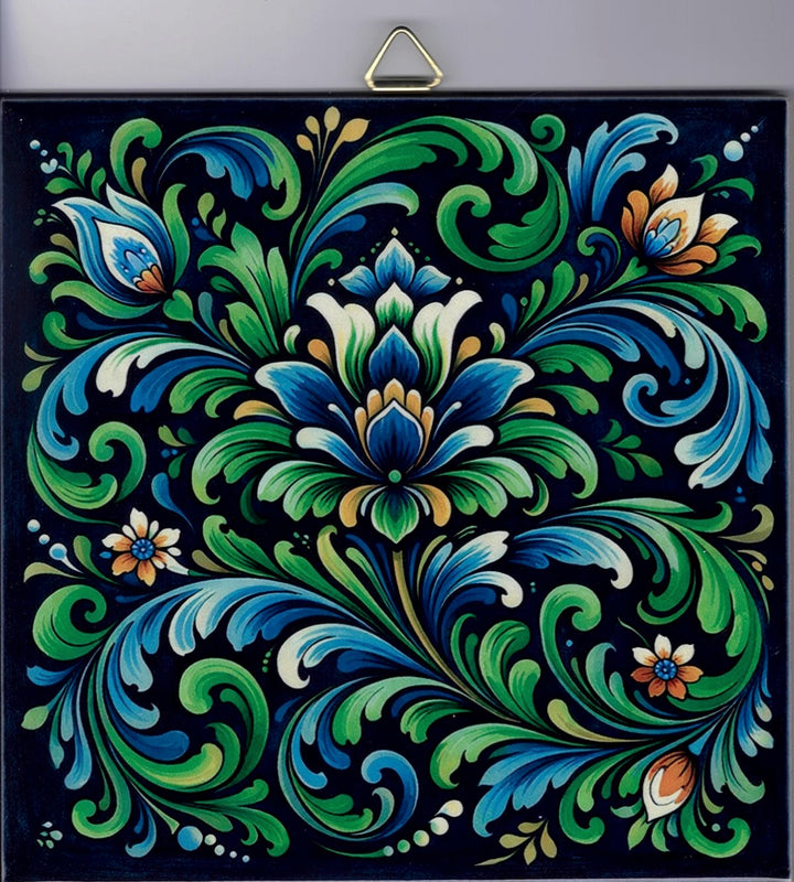 6" Ceramic Tile, Rosemaling on Black