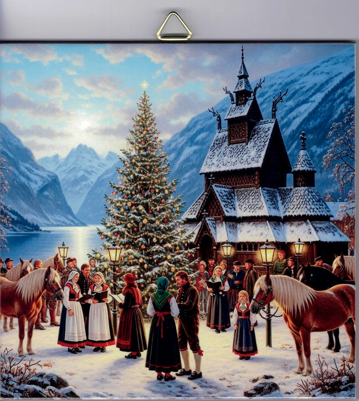 6" Ceramic Tile, Norwegians singing by the tree at Stave church