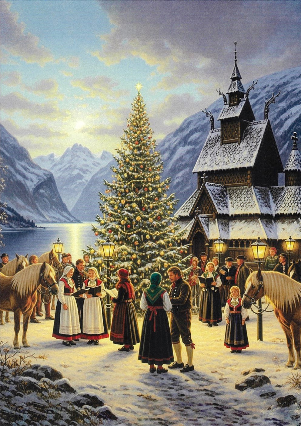 Boxed cards, Norwegians singing by the tree at Stave church