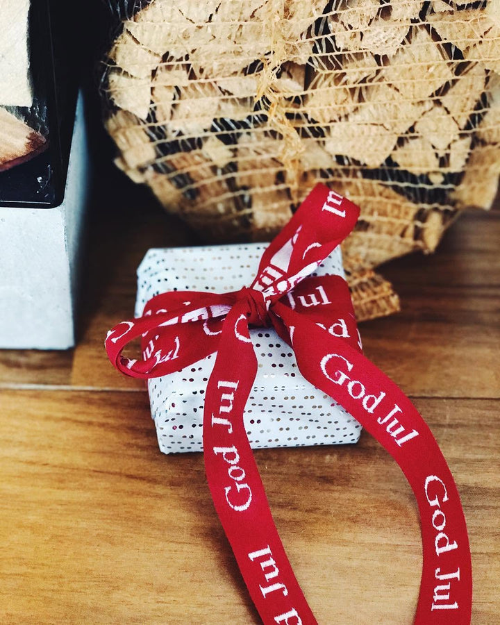 Fabric Ribbon Trim by the yard - Red with White God Jul