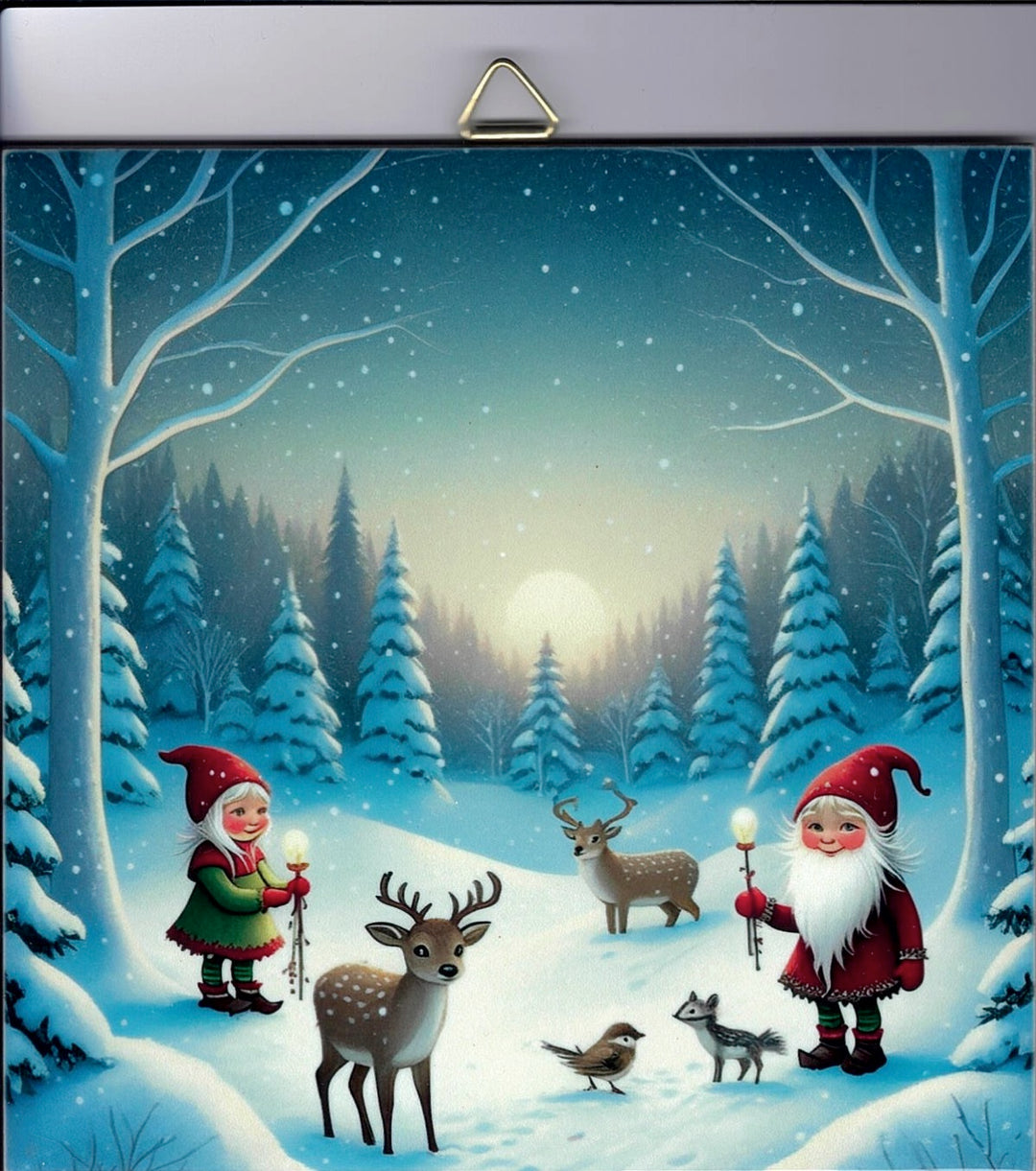 6" Ceramic Tile, Gnomes with deer