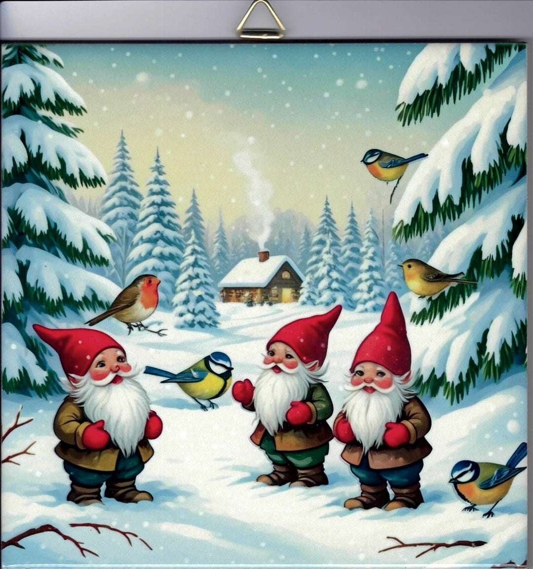 6" Ceramic Tile, Gnomes with birds