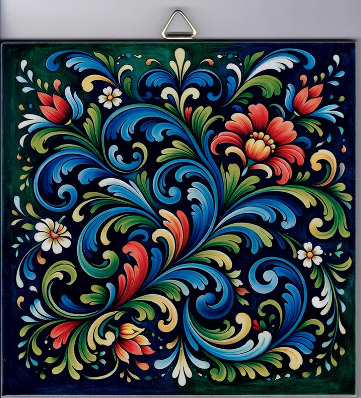6" Ceramic Tile,  Rosemaling flower on Black