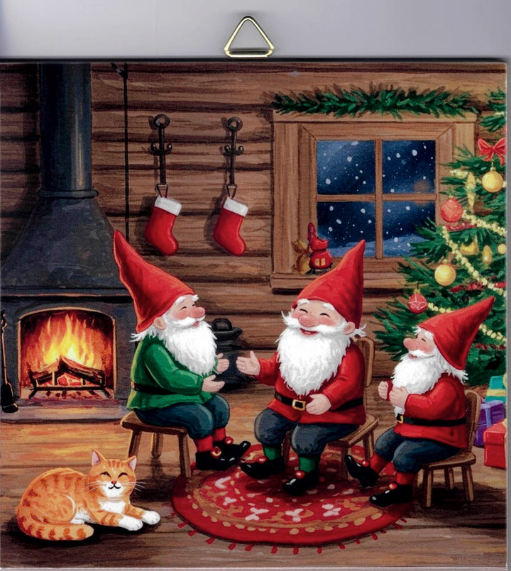 6" Ceramic Tile, Gnomes by the Christmas tree