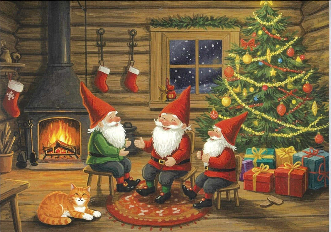 Christmas Cards Gnomes by the Christmas tree with orange cat Pkg of 6