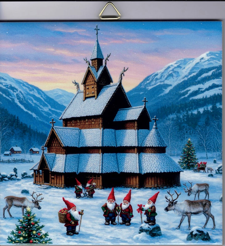 6" Ceramic Tile,  Stave Church with Gnomes & Reindeer