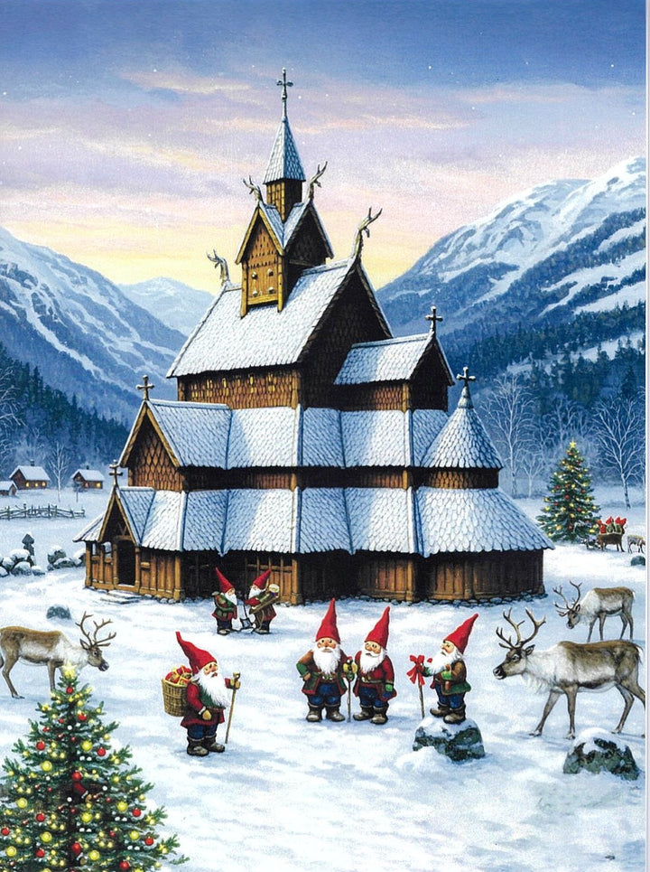 Boxed cards, Stave Church with Gnomes & Reindeer