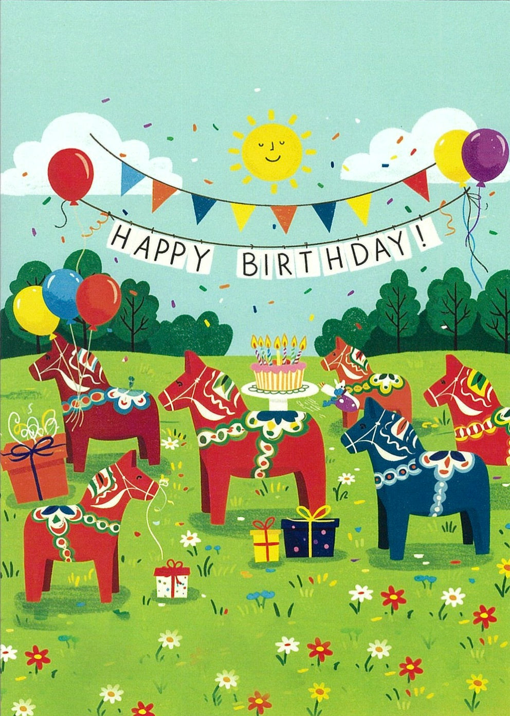 Swedish Happy Birthday Card - Dala horses